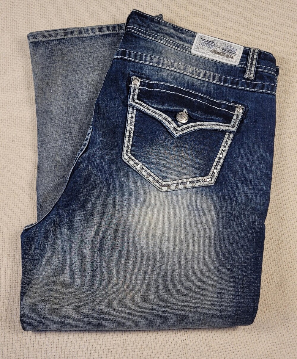 Grace In LA Jeans Womens 21 Bootcut Embellished Pockets Denim Western Capri Blue